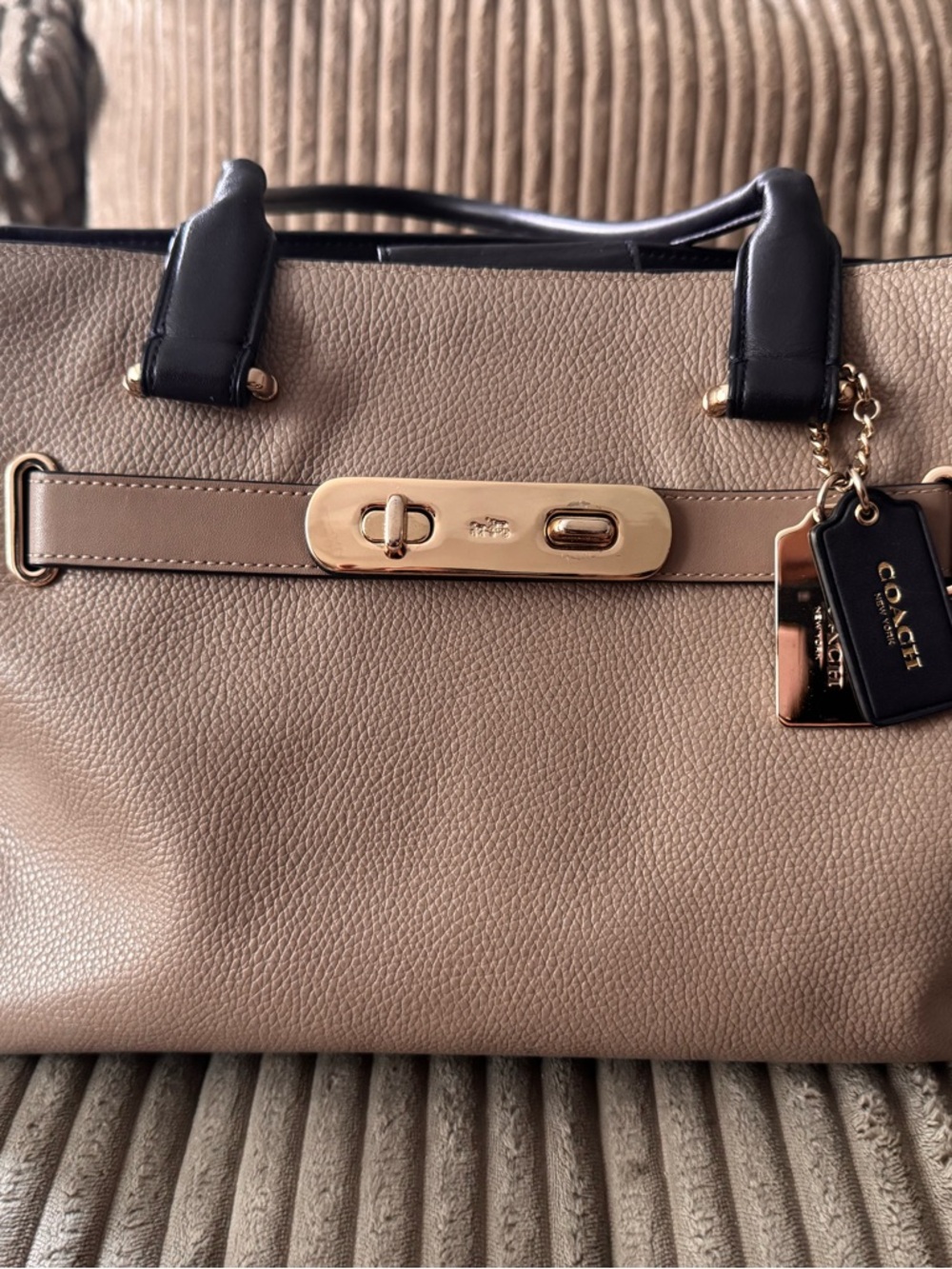 *SOLD*Coach Colorblock Taupe, Navy, and Lime Leather Satchel with Gold Hardware